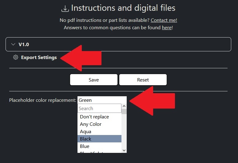 The export settings are accessible below the download section